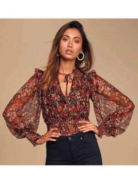 Free People Twyla Cropped Mesh Floral Tie-Neck Smocked Blouse Size Small